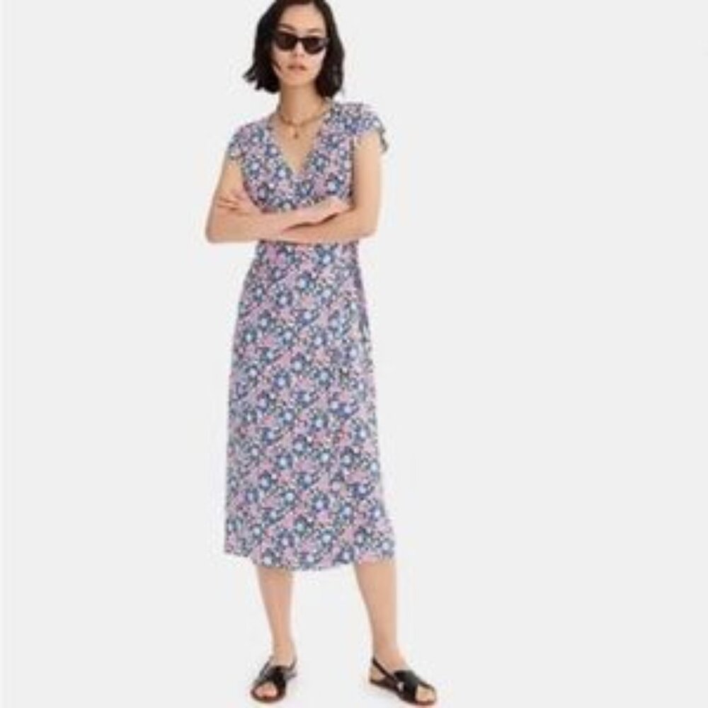 J. CREW women's sz XS midi wrap in soft rayon pink and blue flowers floral dress